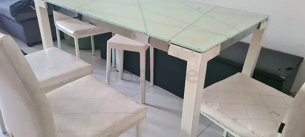 Glass Top Dining Table with 4 White Upholstered Chairs - Good Condition
