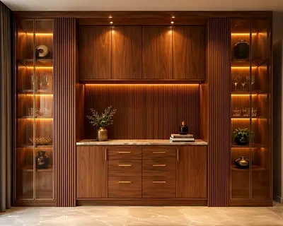 Custom Built-in Wooden Display Cabinet with Marble Top and LED Lighting