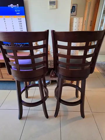 Set of 2 Rotating leather and Wooden Bar Chairs with Ladder Back - Dark Brown