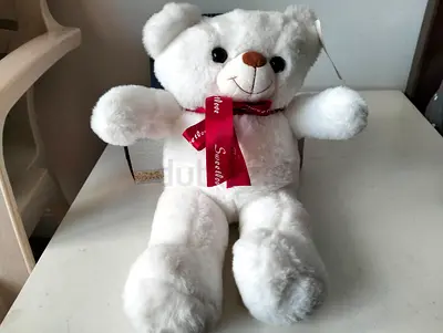 White Plush Teddy Bear with Red Ribbon - Good Condition