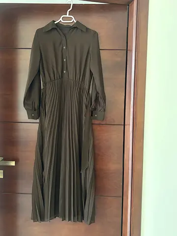 Brown Pleated Long Sleeve Dress - Modest, Button Front