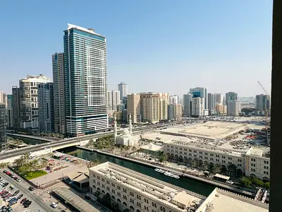 1BR in Al Khan, Al Qasba, balcony, free AC, master bedroom, 2 bathrooms, extra kitchen storage, par