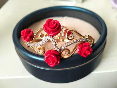 Gold-tone Bracelet with Red Rose Charms and Crystal Accents