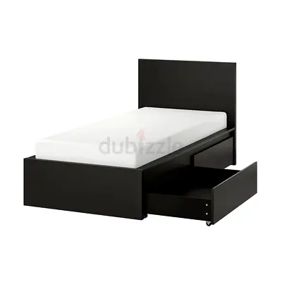 Single brown Ikea wooden bed frame with underbed storage drawer - no mattress