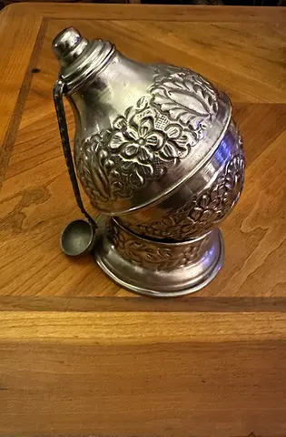 Vintage Ornate Metal Container with Scoop