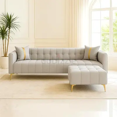 New modern style light gray colour 3 seater straight sofa with ottoman