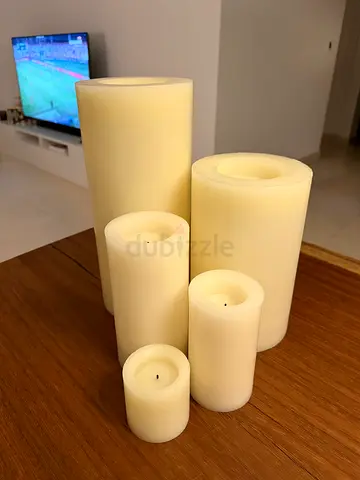 Set of 5 Cream LED Flameless Pillar Candles (wax) - Battery Operated, integrated timer, warm white