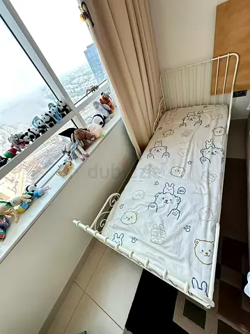 White Metal Baby Cot / Toddler Bed with Cute Printed Mattress