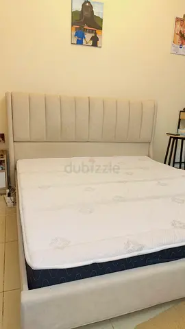 Light beige upholstered bed frame with mattress - Queen size (Adjustable bed head)