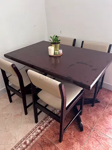 Wooden dining table with 4 chairs - dark finish, good condition