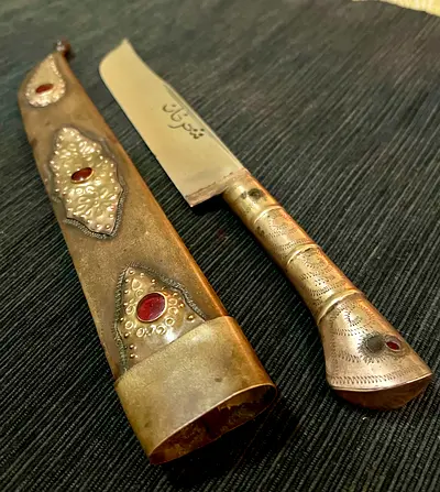 Vintage Decorative Indian Dagger with Sheath — Engraved Blade & Gem-like Accents