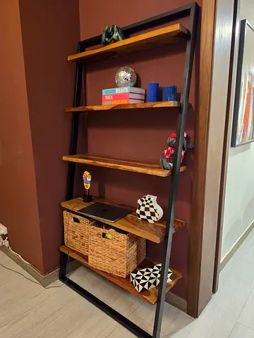 Industrial-style wooden and metal ladder shelf