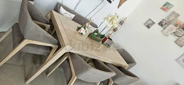 Solid Wood Dining Table with 6 Upholstered Chairs - Light Oak Finish