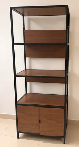 Industrial Bookshelf, Black Metal Frame, Walnut Shelves, 2 Door Cabinet, Dubai Creek Harbour