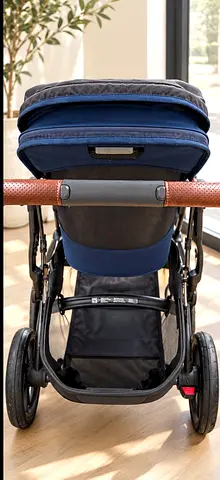 UPPAbaby Stroller – Navy Blue & Black with Brown Leather Handle + twin Bassinet