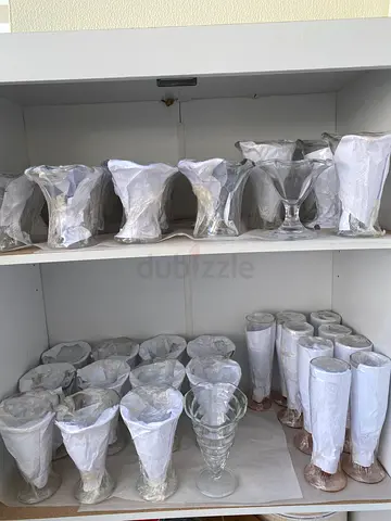 Set of 5 x 15 total 60Tall Glasses & 15 Table candles — Clear Stemmed ice cream Glasses, Like New