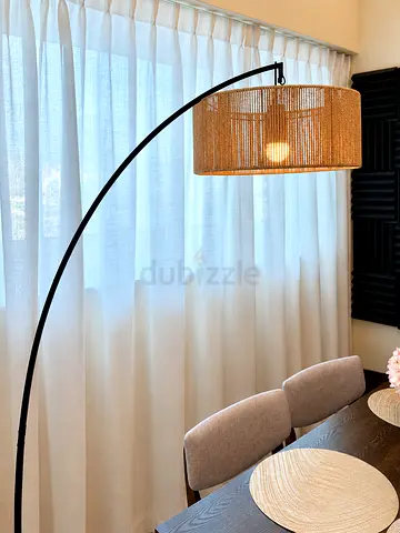 Modern Arc Floor Lamp - Rattan Woven Shade - Excellent Condition