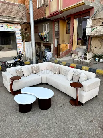 L-shaped Beige Fabric Corner Sofa with Nested Coffee Tables
