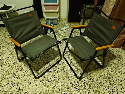 Pair of foldable camping chairs with wooden armrests - good condition