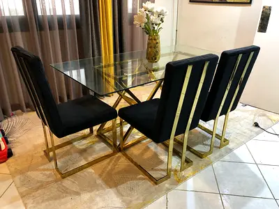 Glass Top Dining Table with 6 Black Velvet Chairs and Gold Frame