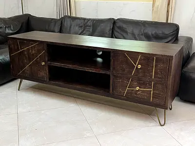 Solid Wood TV Console / Media Unit with Brass Accents