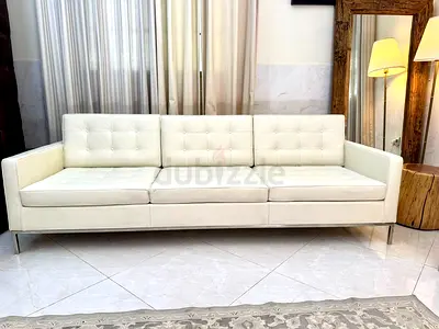 White 3-Seater Leather Sofa with Metal Legs - Good Condition