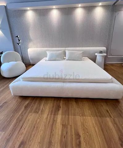 Large Modern Low-Profile Upholstered King Bed (Cream White)