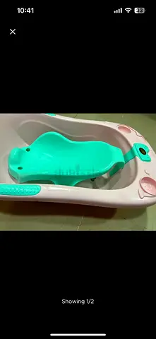 Baby bathtub with removable infant support (pink & green) - good condition