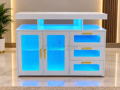 White Modern Sideboard TV Console with Blue LED Lighting and Gold Handles