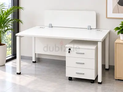 1 Person Office Workstation Desk – White Office Table with Drawers & Privacy Panel