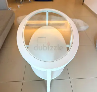 IKEA White Oval Glass Top Side Table - Modern Small Coffee/Accent Table