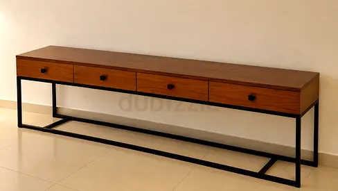 Premium Wooden TV Unit with Glass Top & Black Steel Base – Like New