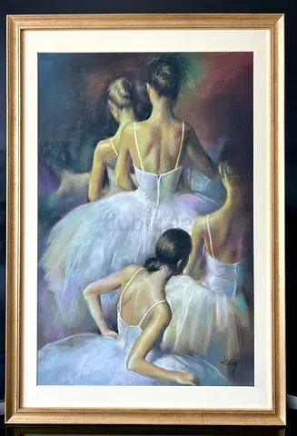 Framed Pastel Painting of Ballerinas — Signed Artwork