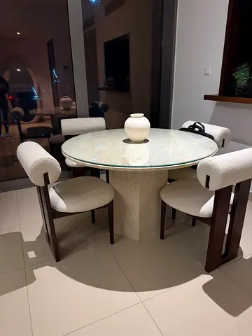 Custom Made Travertine Dining Table+4 Bloomr Boucle Chairs - Like New AED 14,400 Used for few months