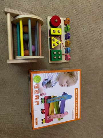 Wooden educational baby toy set - car tramp, shape sorter and roller rattle (free delivery in uae)
