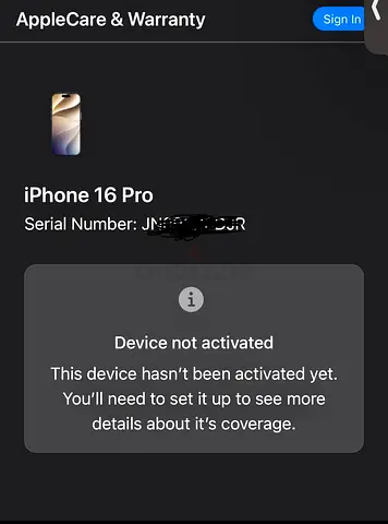 iPhone 16 Pro — Unactivated, AppleCare TDRA