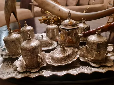 Vintage Ornate Ottoman Style Silver Plated Turkish Coffee Service Set