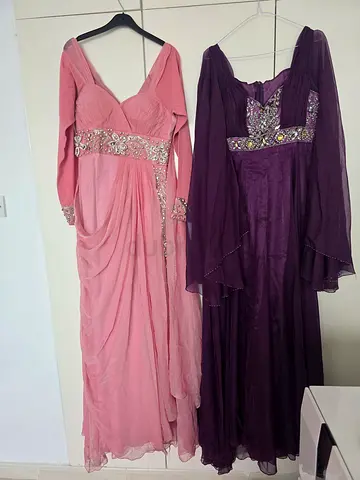 Two evening/party dresses - purple and pink, embellished waist