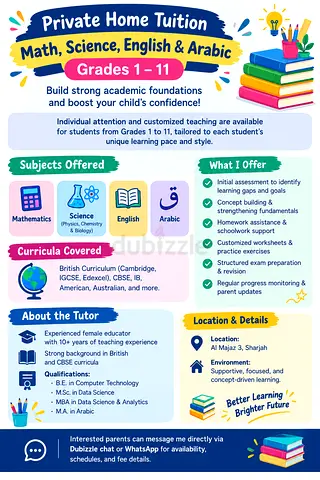 Private Home Tuition | Math, Science, English & Arabic (Grades 1–11)