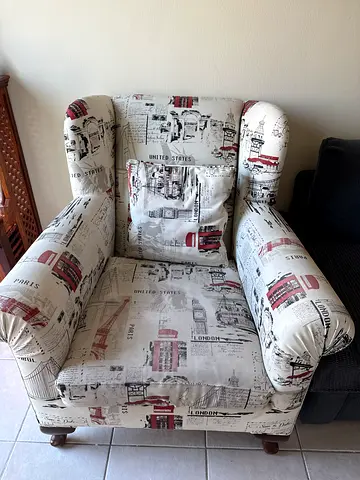 Wingback Armchair with City Print Upholstery — Good Condition