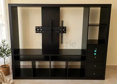Large Black Entertainment TV Unit with Storage Shelves and Drawers