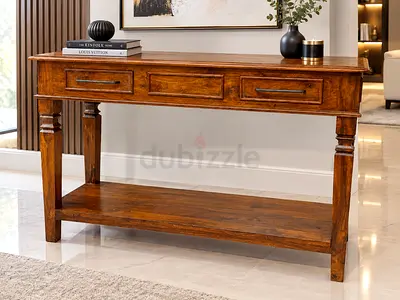 Marina Home Solid Wood Console Table with Drawers and Lower Shelf - Rustic Finish