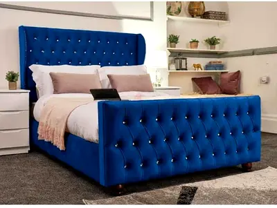 Blue Velvet Tufted King Size Bed with Upholstered Headboard & Footboard