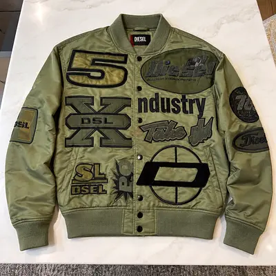 Diesel green bomber jacket with embroidered patches, men's size L
