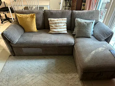 3-seater L-shaped Sofa with Chaise — Comfortable Grey Fabric. Some cat scratch marks.