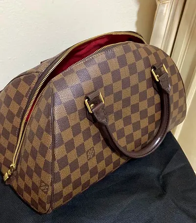 Brown checkered dome handbag with red interior (pre-owned)
