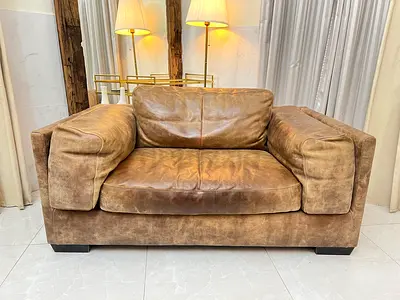 Genuine Leather Two-Seater Sofa — Worn Patina, Solid Frame