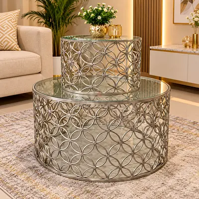 Set of 2 Decorative Round Metal & Glass Coffee Tables