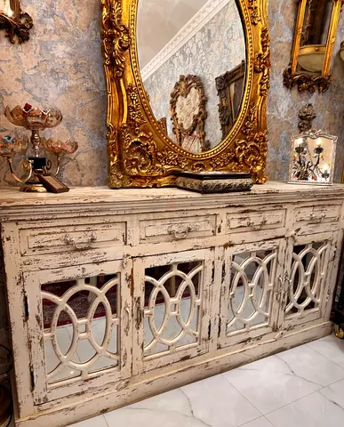 Distressed Vintage White Mirrored Sideboard / Buffet Cabinet
