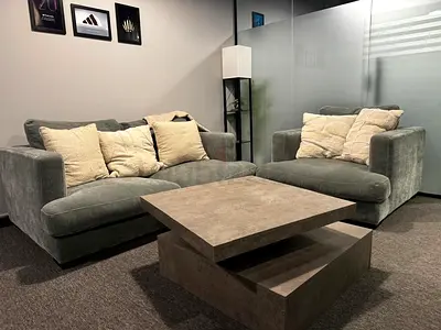 Premium Grey Fabric Sofa Set + Modern Swivel Coffee Table